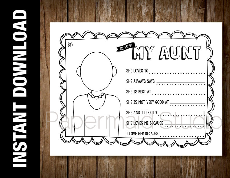 Printable aunt portrait coloring sheet and questionnaire gift card all about my aunt birthday gift for aunt