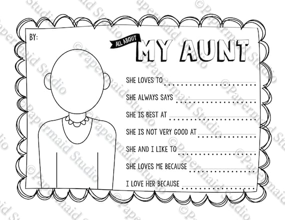 Printable aunt portrait coloring sheet and questionnaire gift card all about my aunt birthday gift for aunt