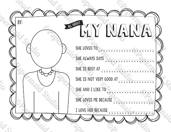 Printable nana portrait coloring sheet and questionnaire gift card all about my nana nana birthday printable birthday gift
