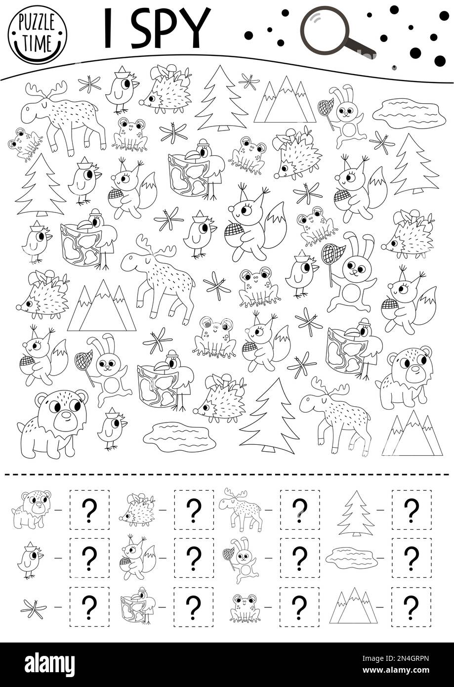 Forest i spy black and white game for kids searching and counting outline activity or coloring page with woodland animals and nature elements funny stock vector image art