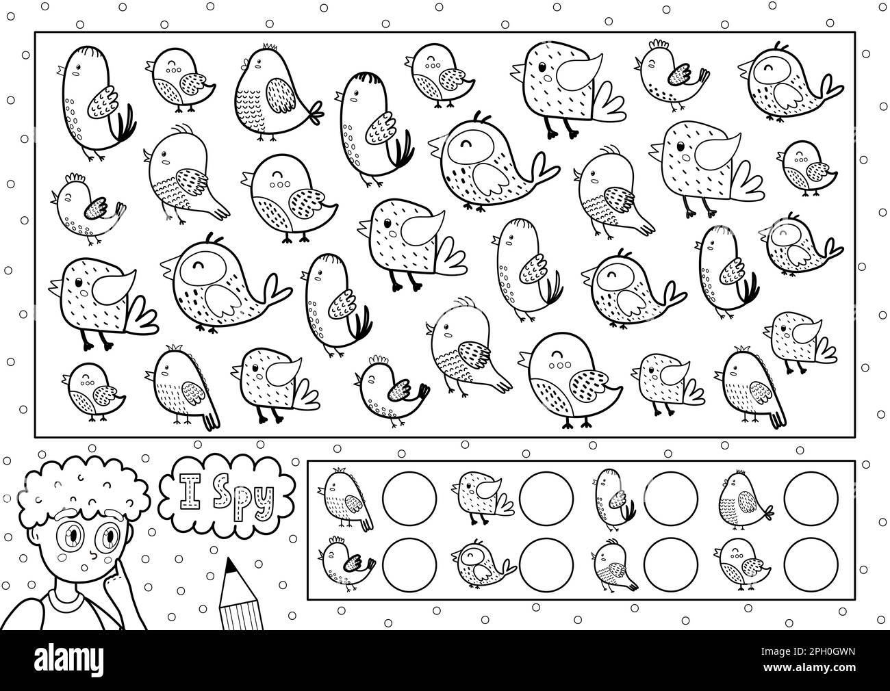 I spy game coloring page for kids find and count cute birds stock vector image art