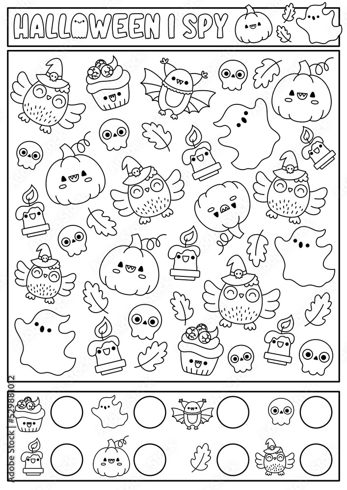 Halloween black and white i spy game for kids searching and counting line activity with cute kawaii holiday symbols scary autumn printable worksheet for children simple coloring page vector