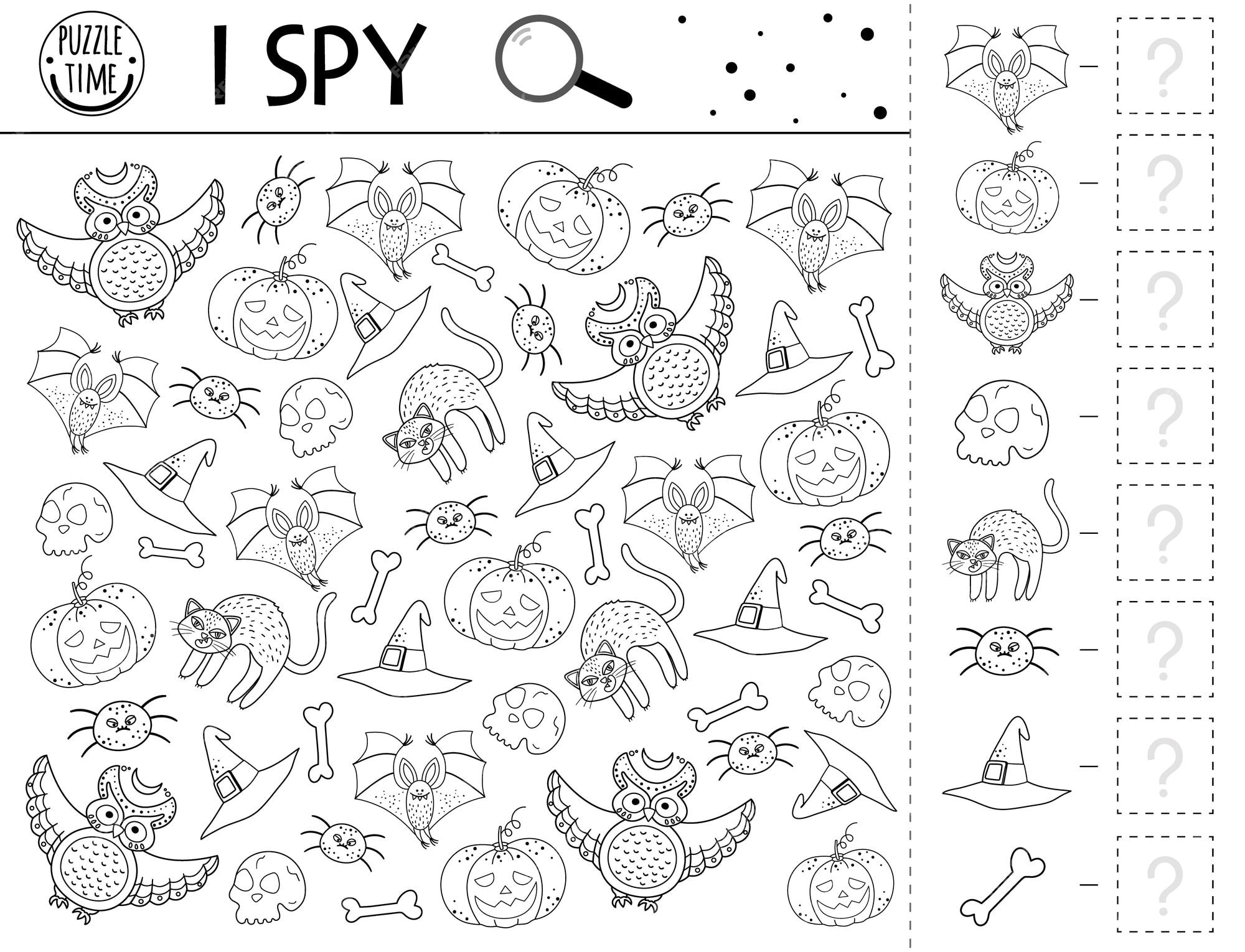 Premium vector halloween black and white i spy game for kids or coloring page funny autumn printable worksheet