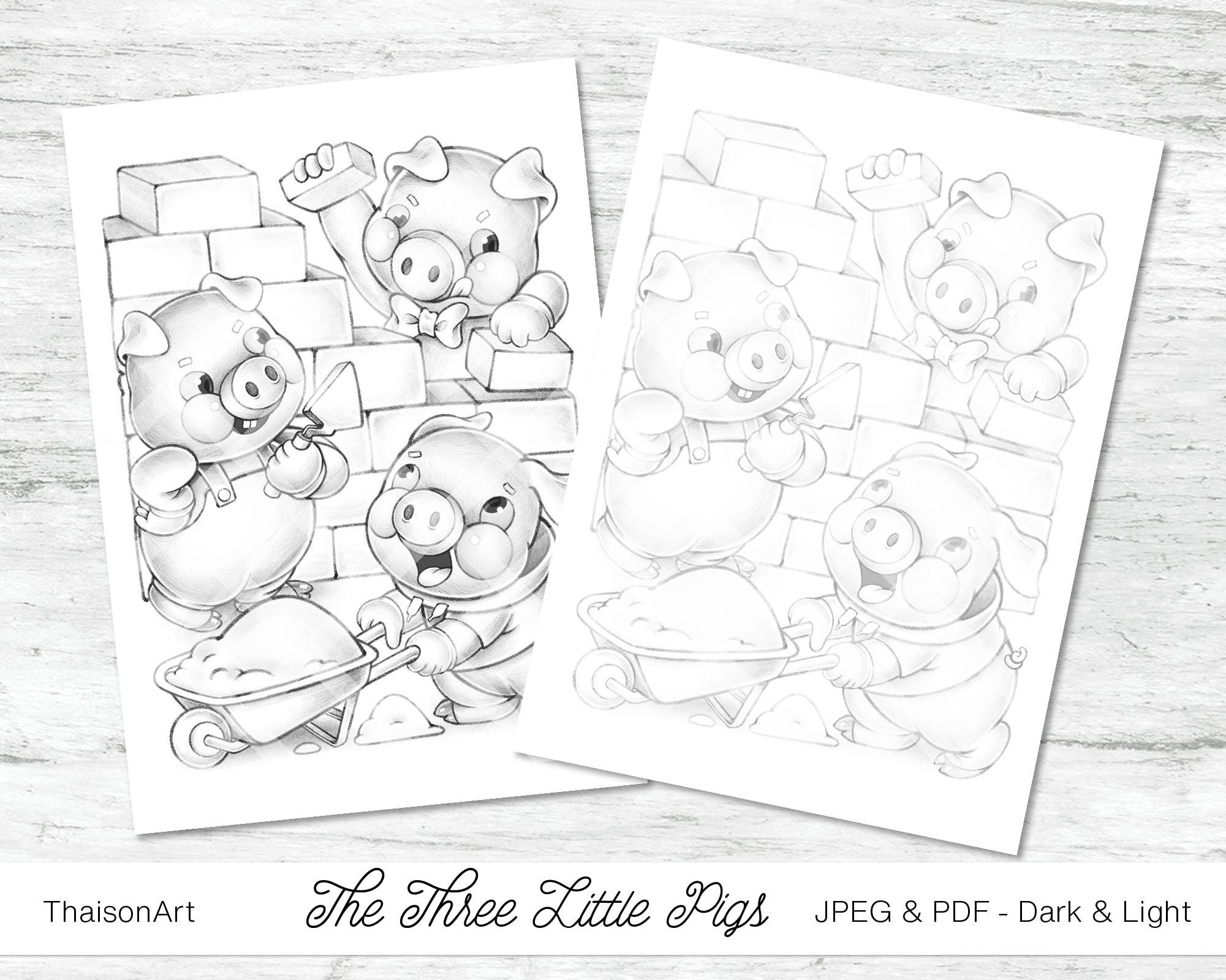 Buy the three little pigs coloring pages for adults and kids digital stamp animals illustration fairy tale scene pdf instant download online in india