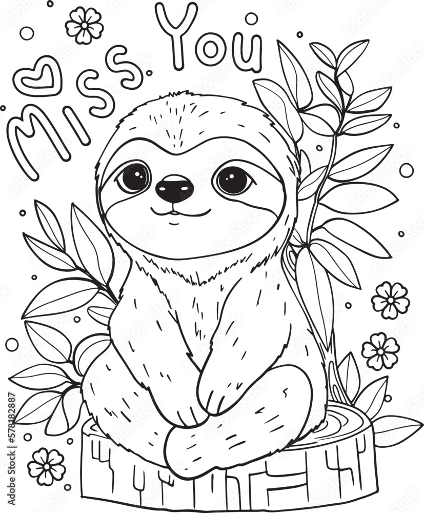 Miss you cute sloth in the forest valentines day hand drawn with black and white lines coloring for adults and kids vector illustration vector