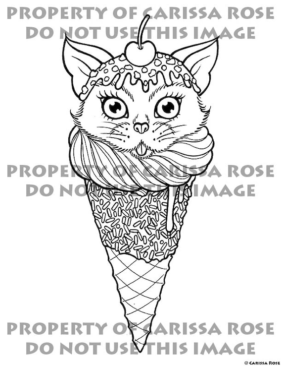 Digital download print your own coloring book outline page kitty cone by carissa rose cute cat ice cream cone tattoo art download now
