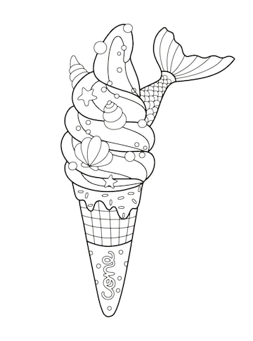 Premium vector mermaid ice cream cone coloring page