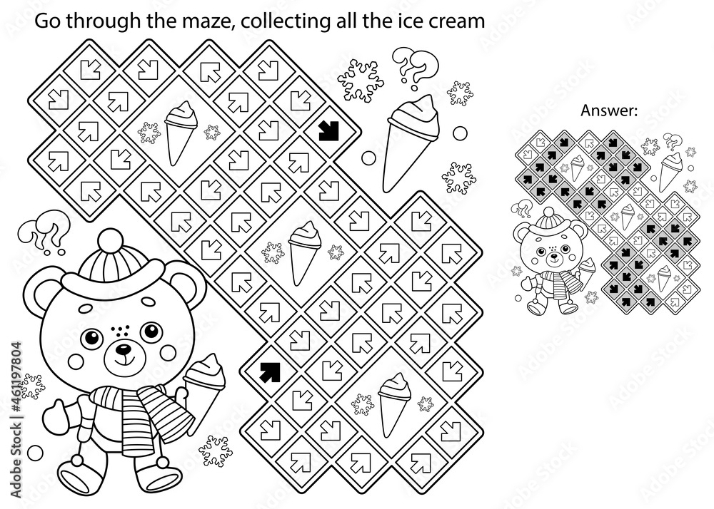 Maze or labyrinth game puzzle coloring page outline of little toy bear with ice cream winter coloring book for kids vector