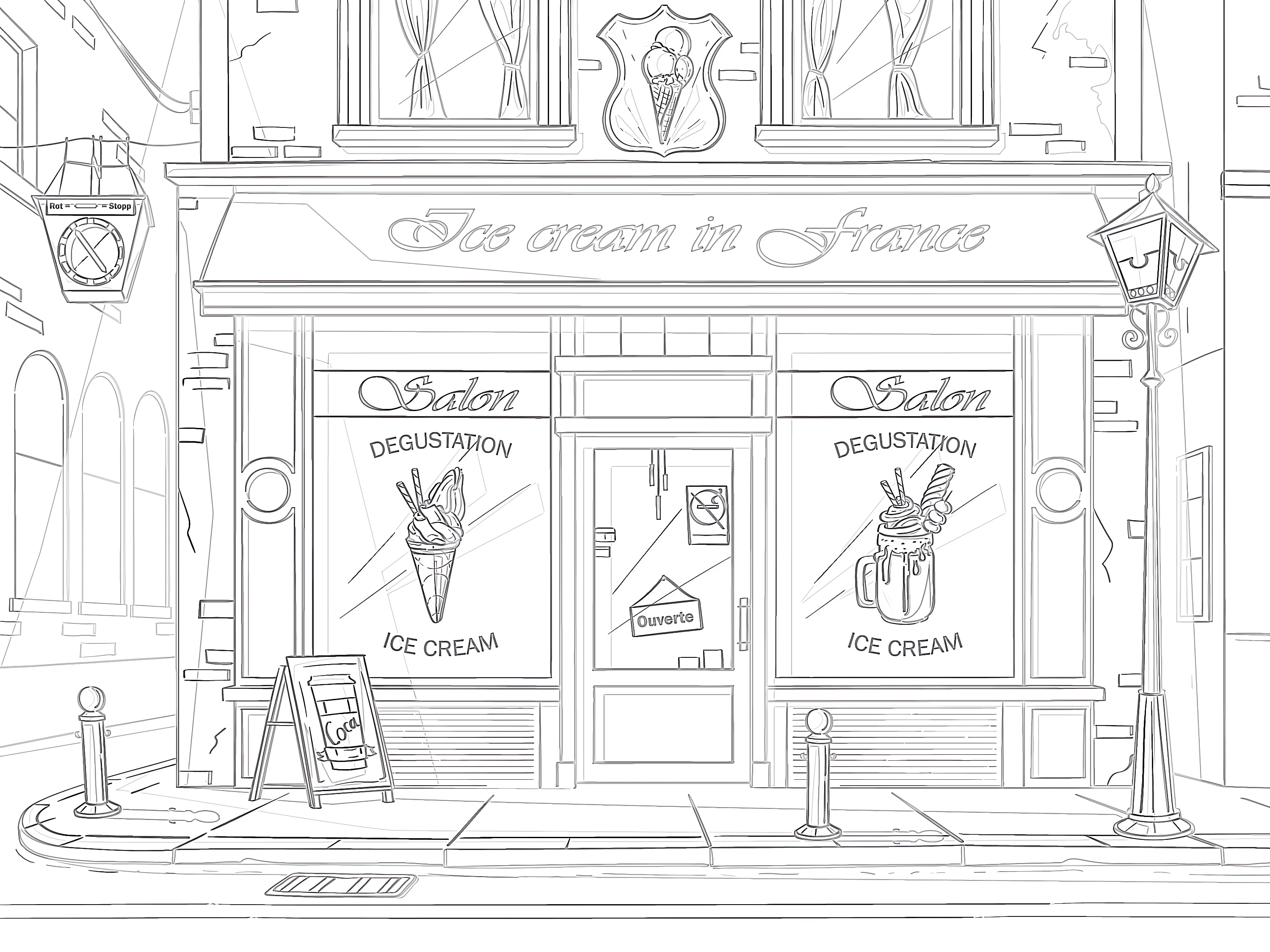 Printable ice cream shop coloring page