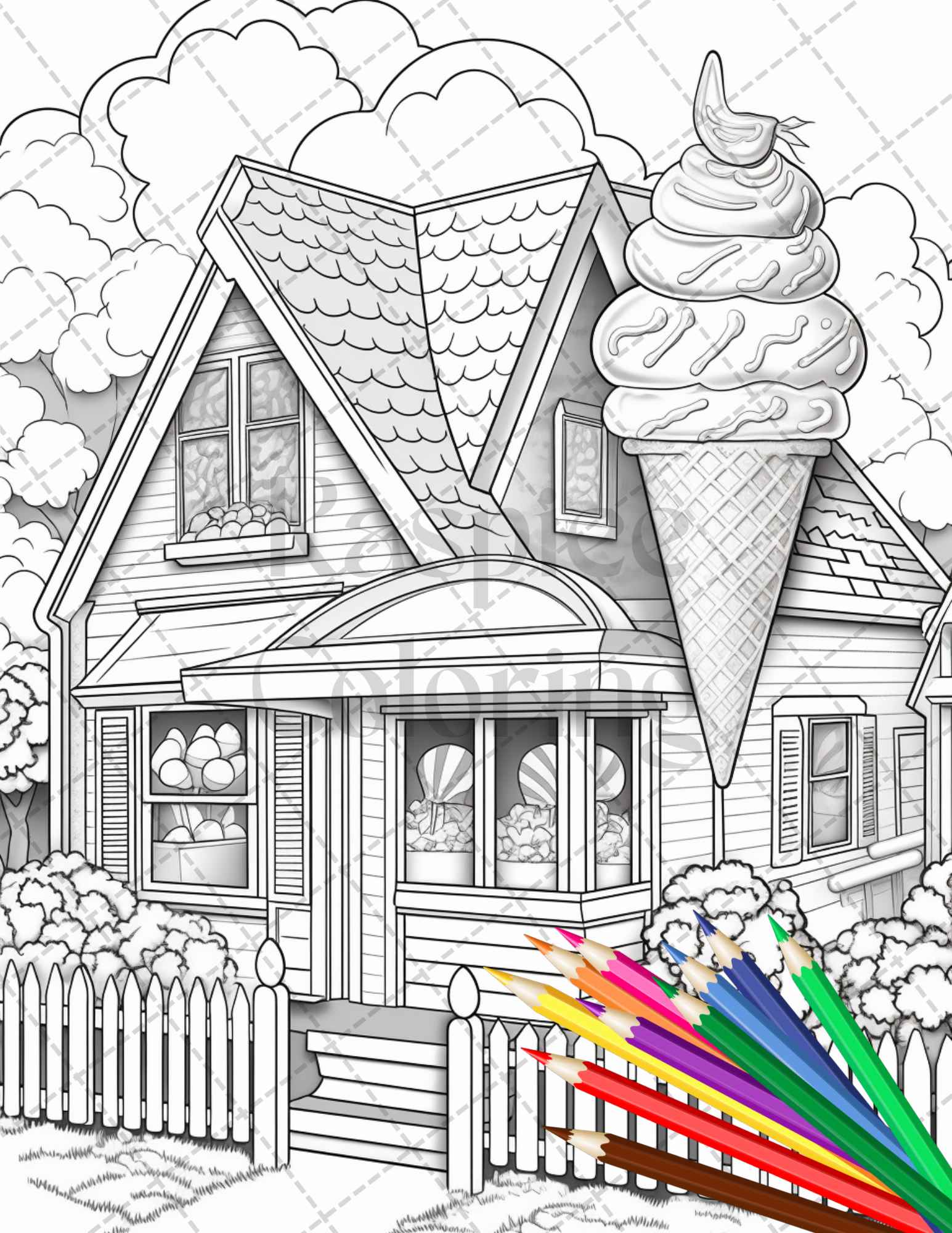 Ice cream houses grayscale coloring pages printable for adults and â coloring