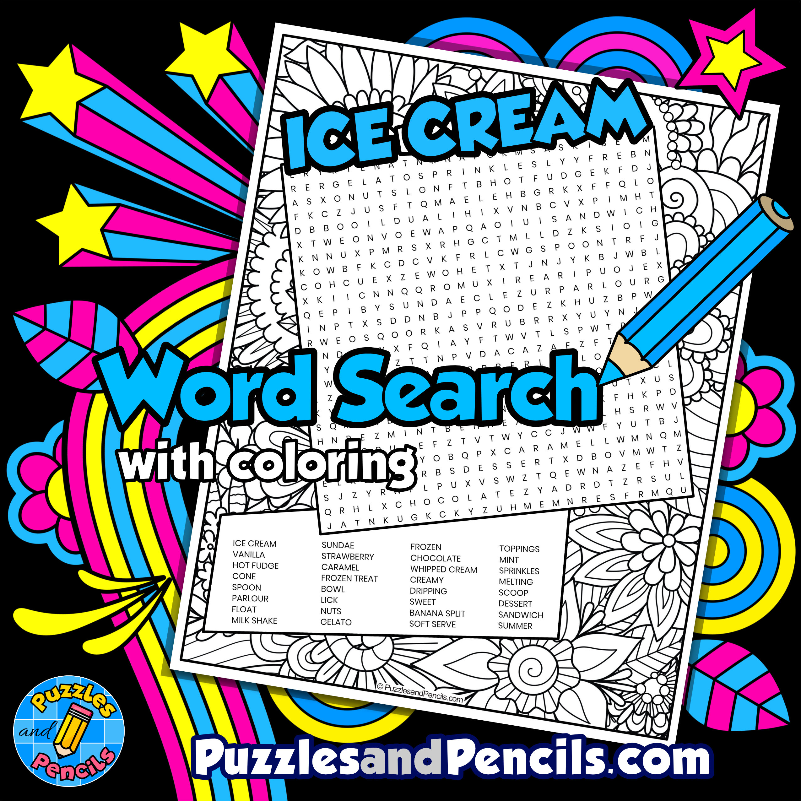 Ice cream word search puzzle with coloring summer wordsearch made by teachers