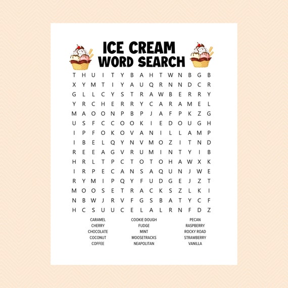 Ice cream word search ice cream worksheets printable activity pages word search word searches word searches for kids and adults instant download