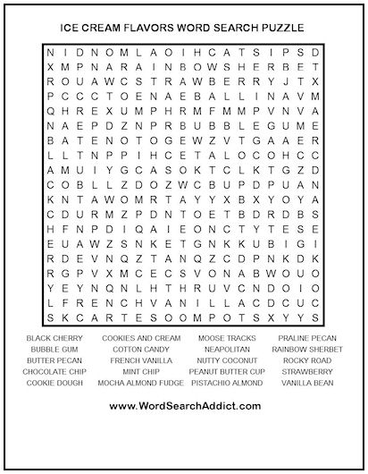 Ice cream flavors printable word search puzzle word search addict