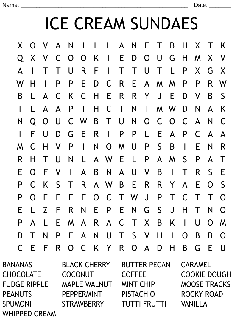 Ice cream sundaes word search