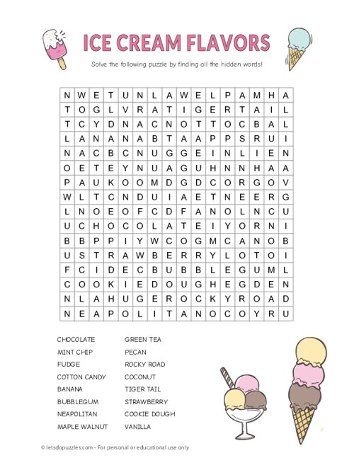 Printable ice cream flavors word search