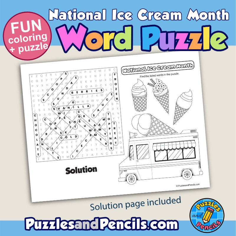 National ice cream month word search puzzle activity page and coloring july wordsearch made by teachers