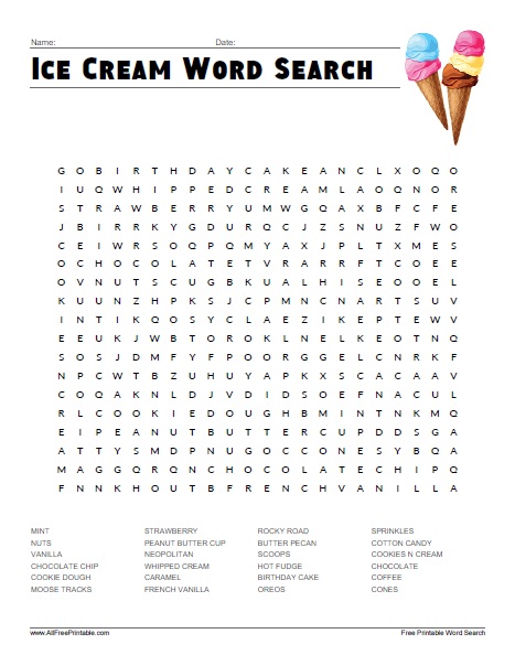 Ice cream word search â free printable