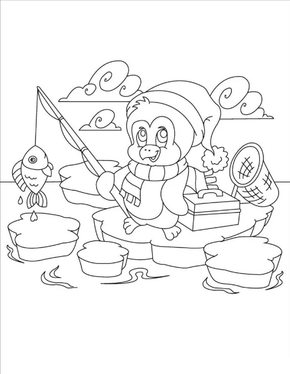 Penguin fishing coloring page