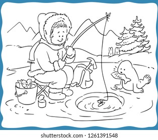 Vector illustration kid ice fishing coloring stock vector royalty free