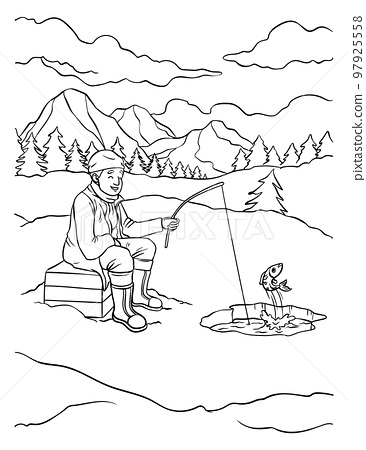 Ice fishing coloring page for kids