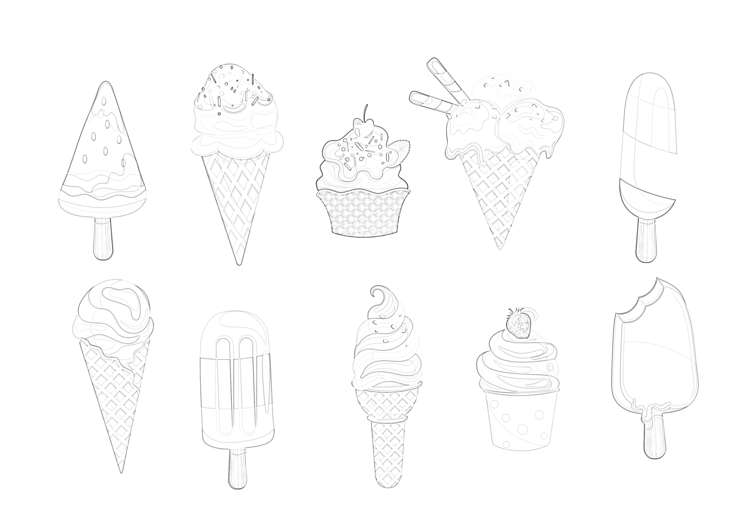 Ice cream collection coloring page