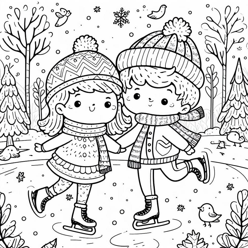 Kids ice skating coloring page