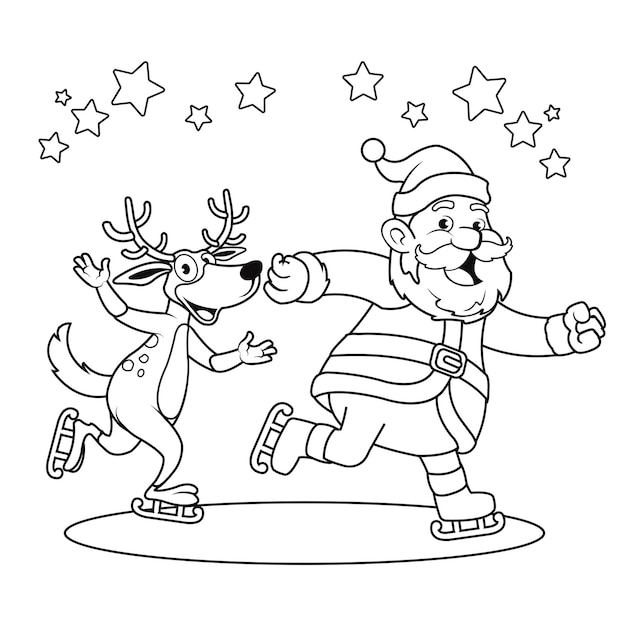 Premium vector black and white illustration for christmas coloring book of santa ice skating with deer cartoon