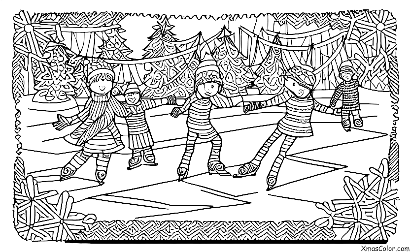 Ice skating winter wonderland coloring page