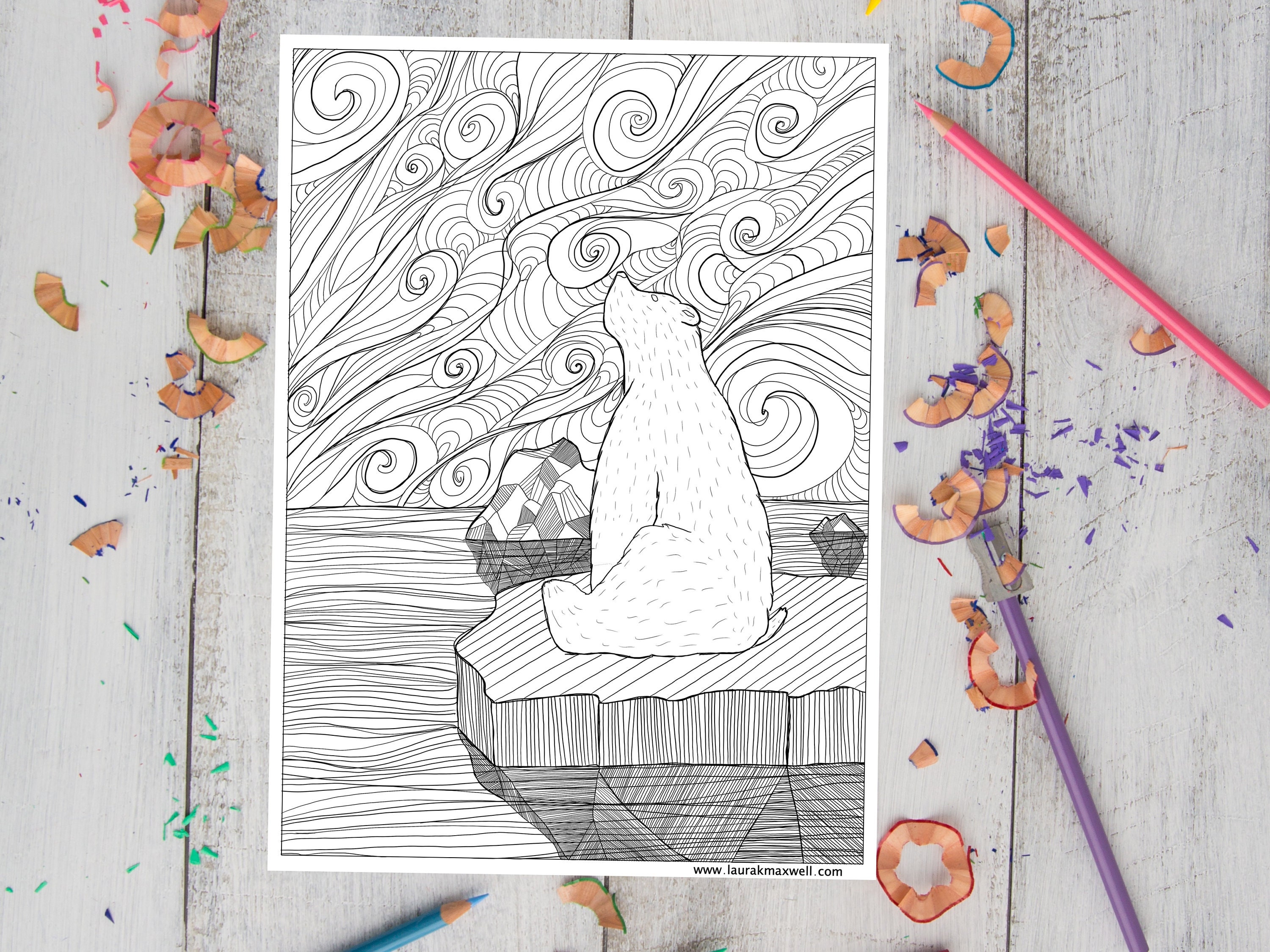 Printable polar bear coloring sheet for adults and kids digital polar bear coloring page doodle coloring page iceberg coloring page