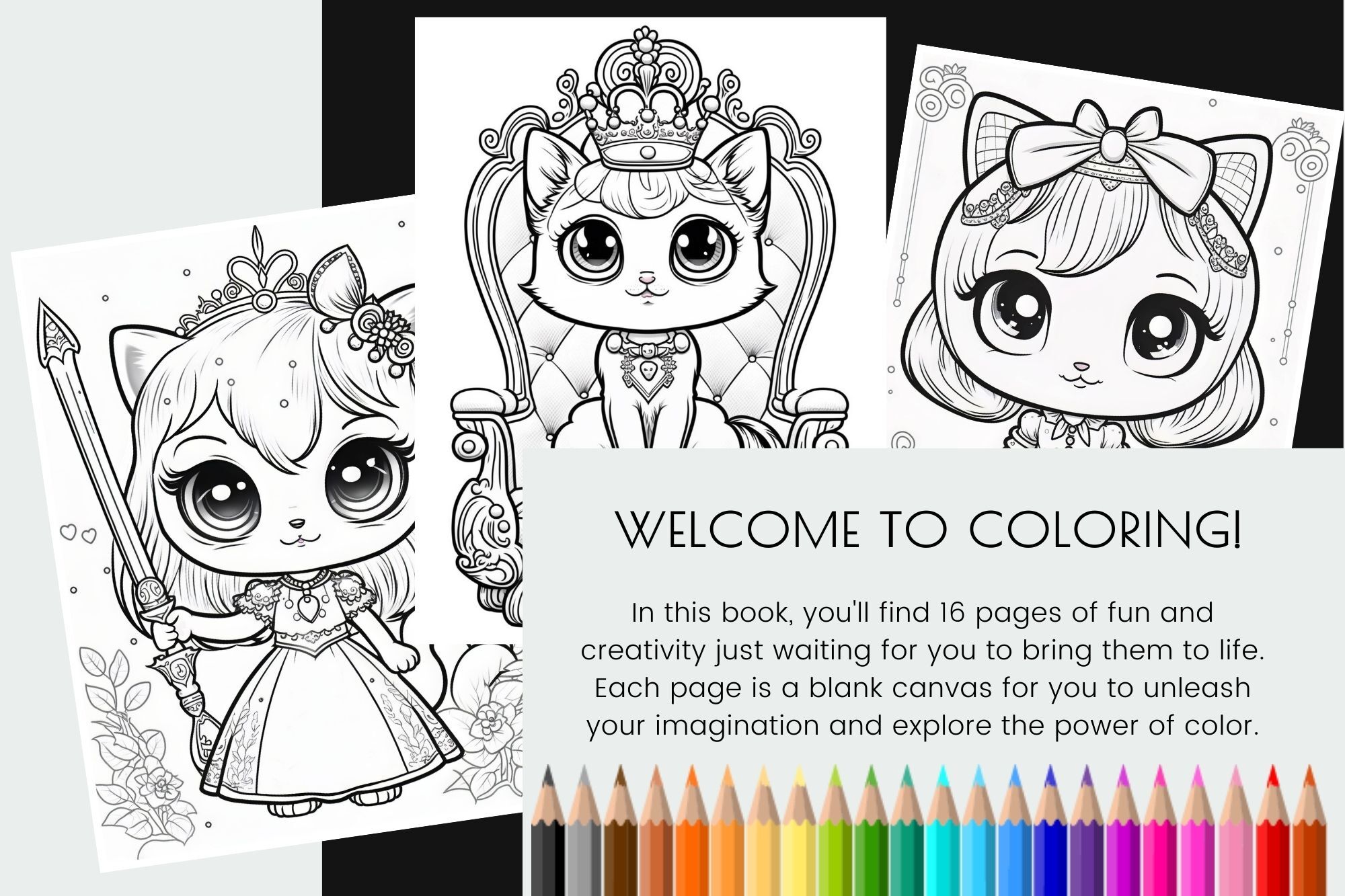 Princess cat coloring book printable coloring page bundle by orange brush studio