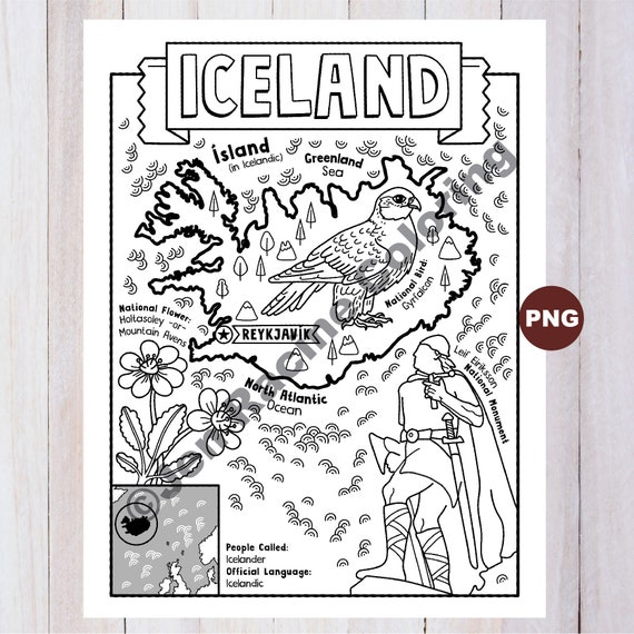 Iceland coloring page geography of europe digital download coloring page