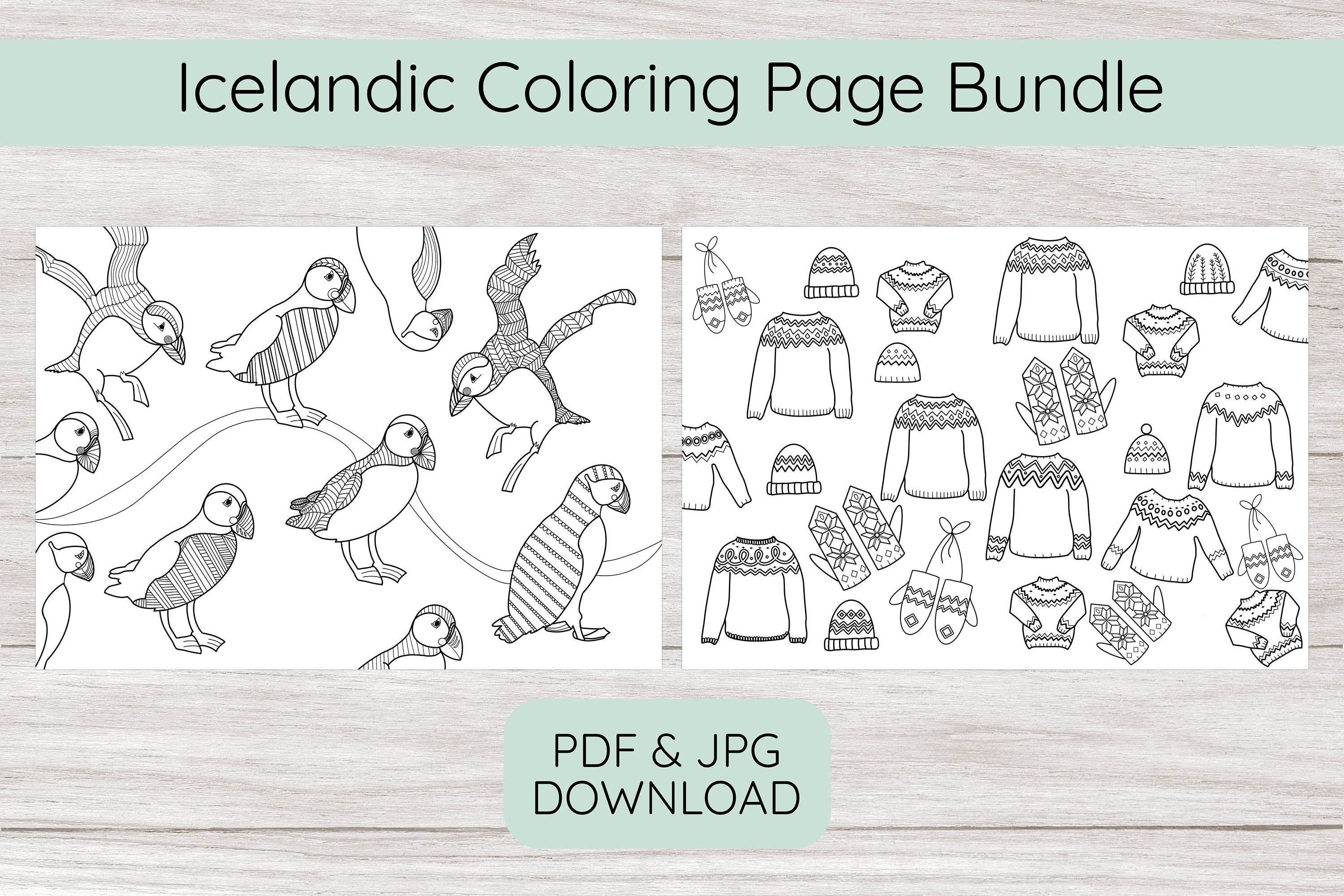 Iceland coloring page bundle set of coloring sheet puffin lopapeysa drawing doodle art iceland gift idea printable instant download