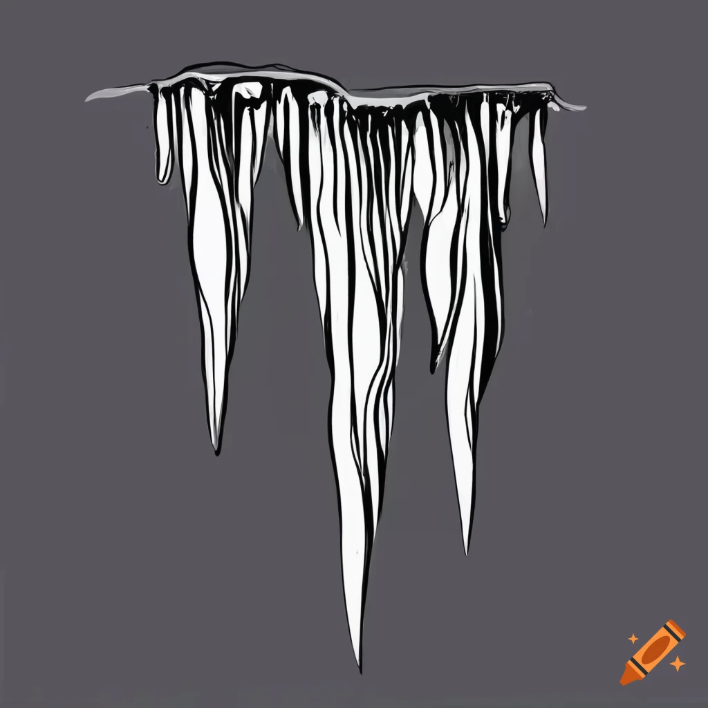 Black and white line drawing of icicles on