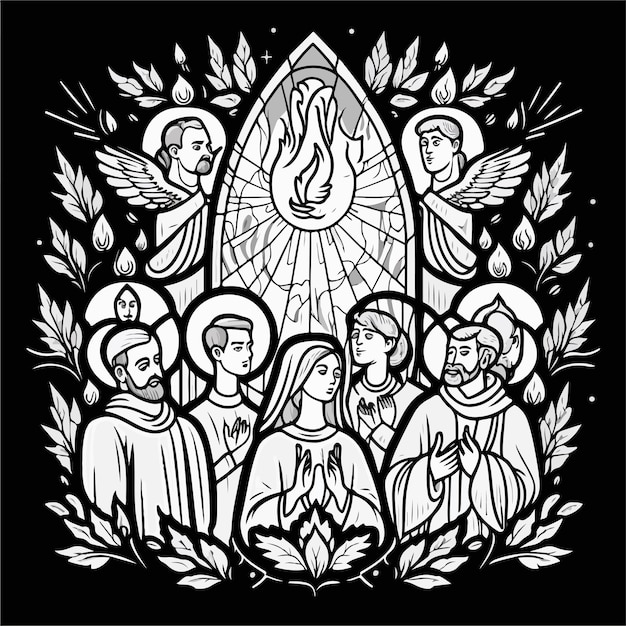 Premium vector a black and white illustration holy spirit pentecost coloring page