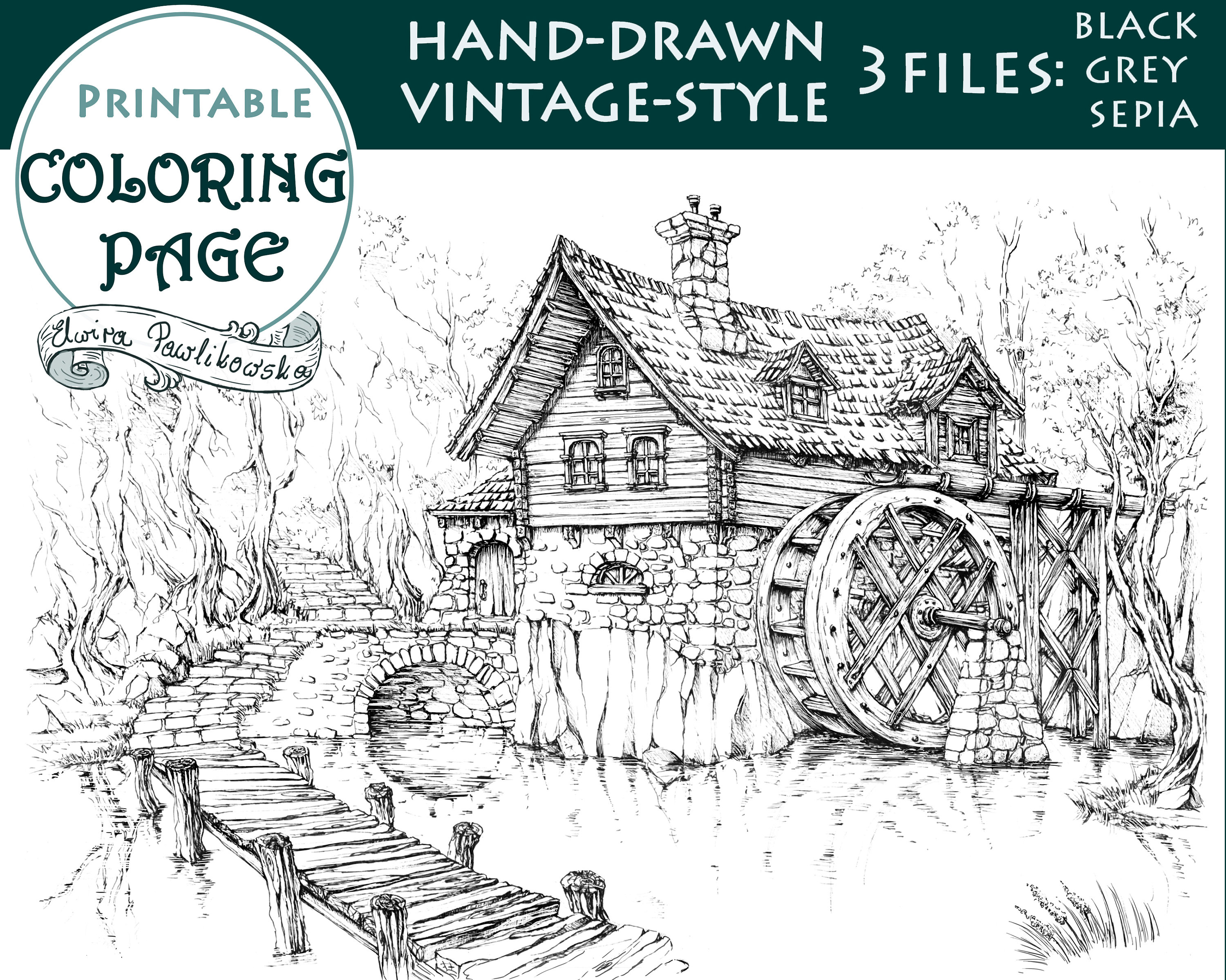Detailed printable coloring page watermill hand