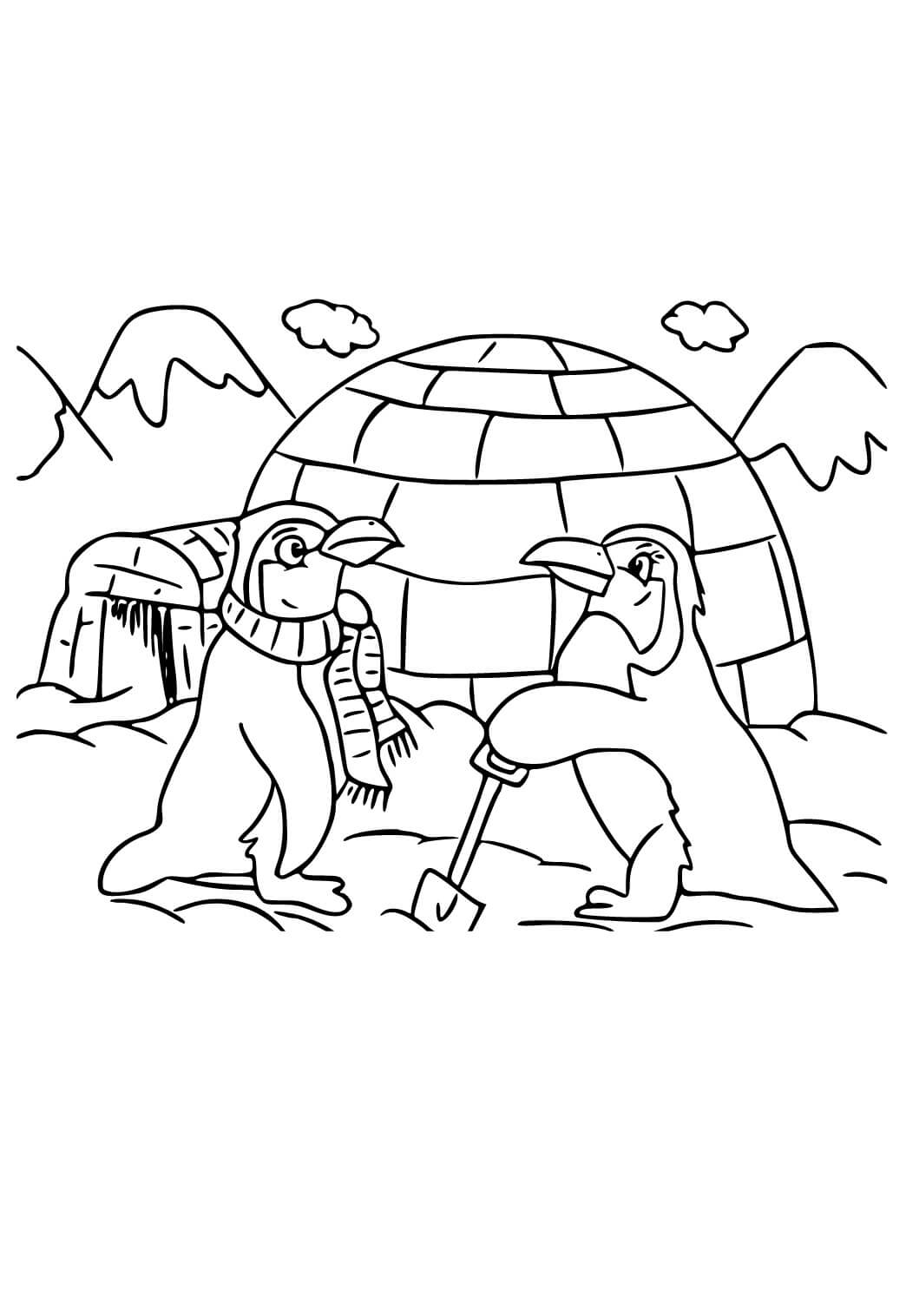 Two penguins with igloo coloring page