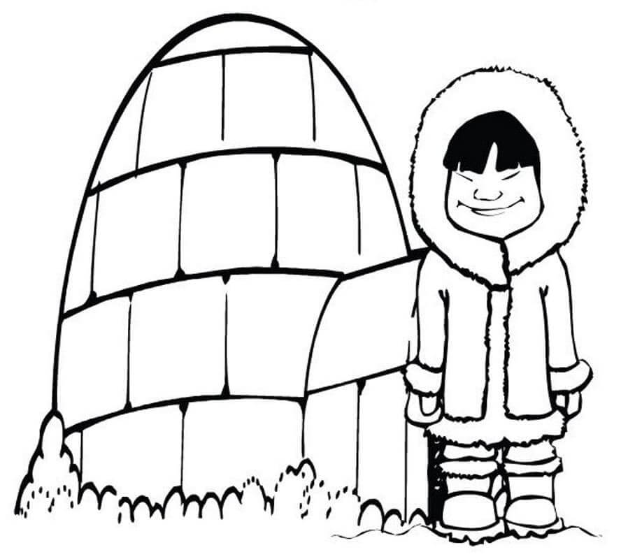 Smiling boy with igloo coloring page