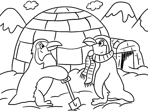 Coloring pages penguins igloo winter coloring page