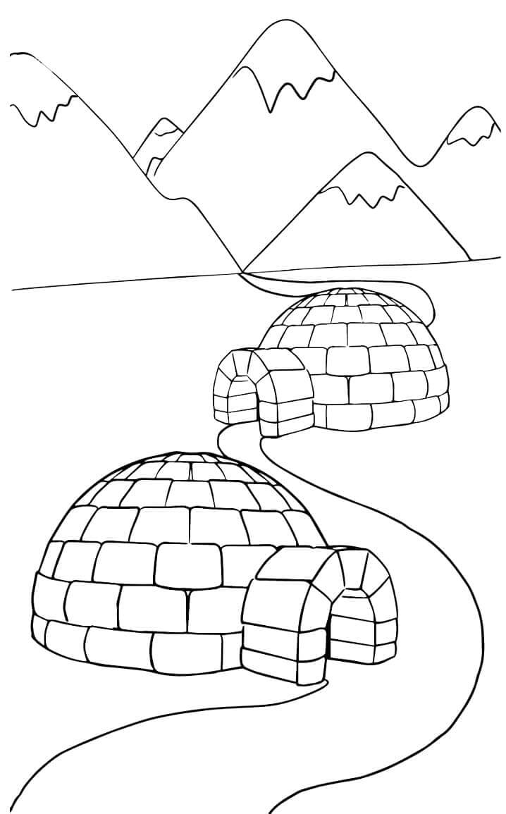 Two igloos and mountains coloring page