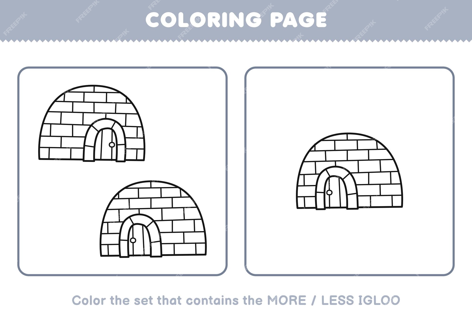 Premium vector education game for children coloring page more or less picture of cute cartoon igloo line art set printable winter worksheet