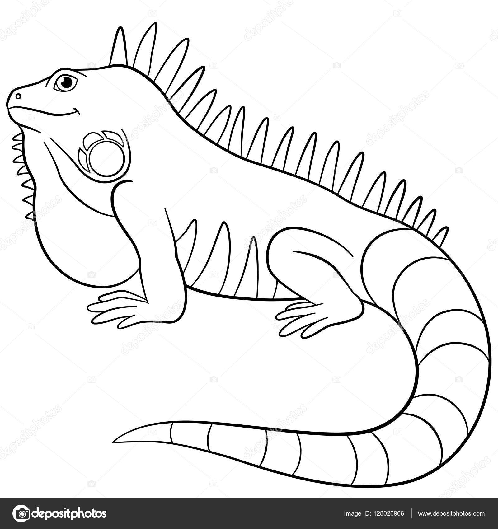 Coloring pages cute iguana smiles stock vector by ya