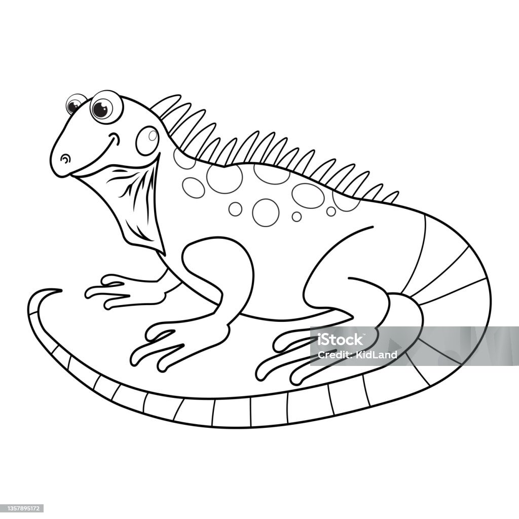 Colorless cartoon iguana coloring pages template page for coloring book of funny lizard or salamander for kids practice worksheet or antistress page for child cute outline education game eps stock illustration