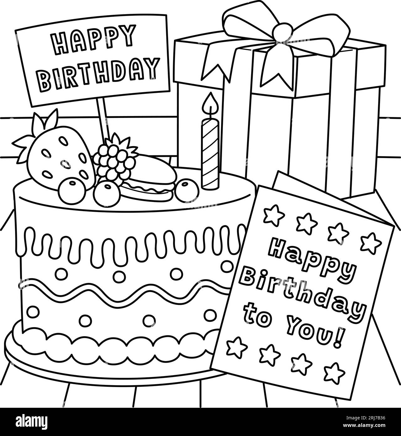 Birthday cake card and present coloring page stock vector image art