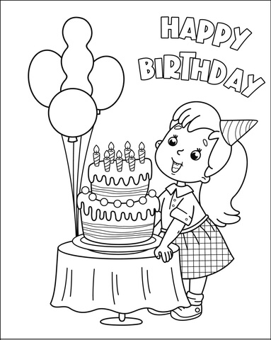 Happy birthday with girl coloring page free printable coloring pages