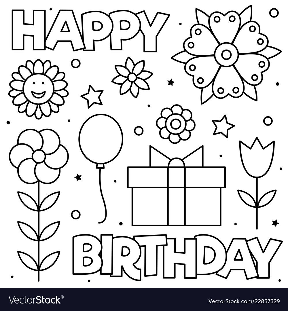 Happy birthday coloring page black and white vector illustration download a free prâ happy birthday coloring pages birthday coloring pages mom coloring pages