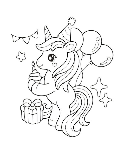 Premium vector unicorn birthday coloring page illustration for kids