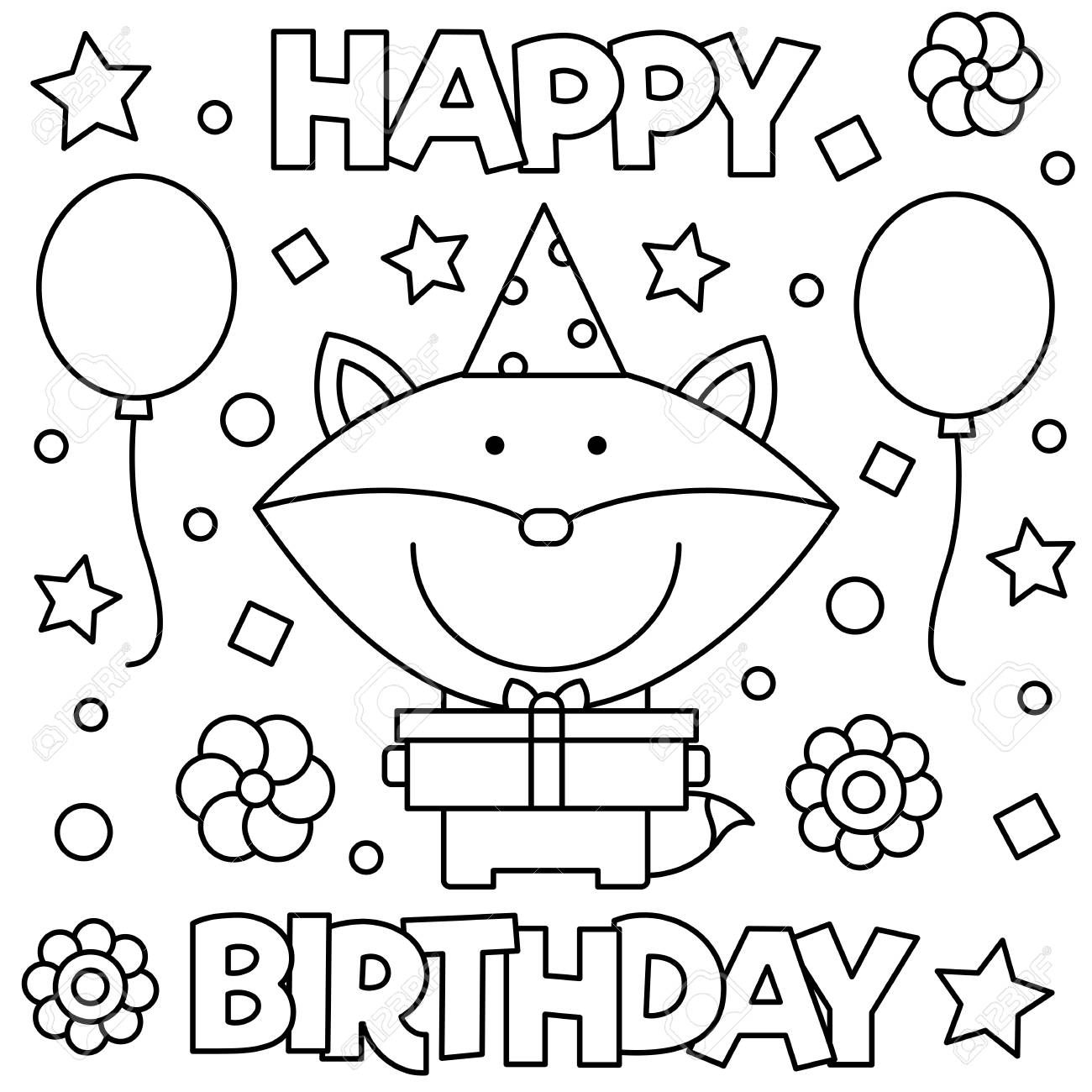 Happy birthday coloring page black and white vector illustration royalty free svg cliparts vectors and stock illustration image