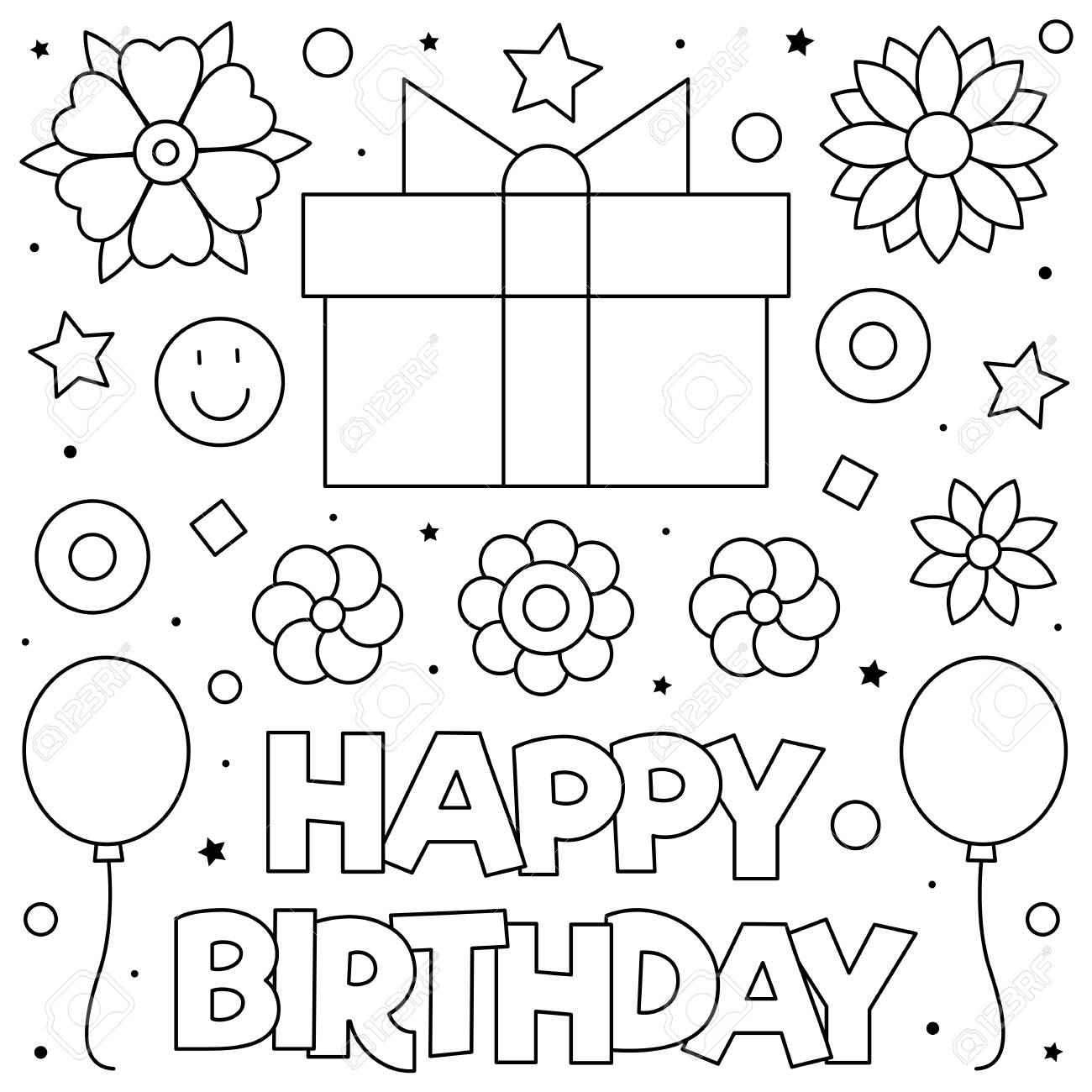 Happy birthday coloring page black and white vector illustration royalty free svg cliparts vectors and stock illustration image