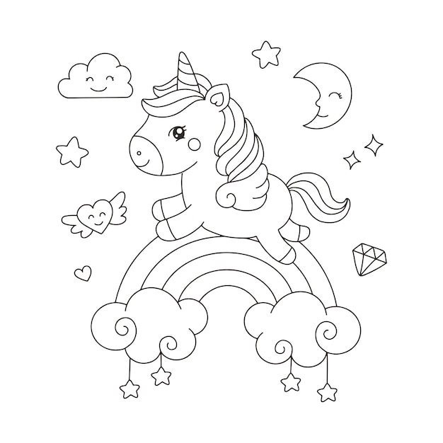 Premium vector cute cartoon unicorn flying on the rainbow illustration for coloring book