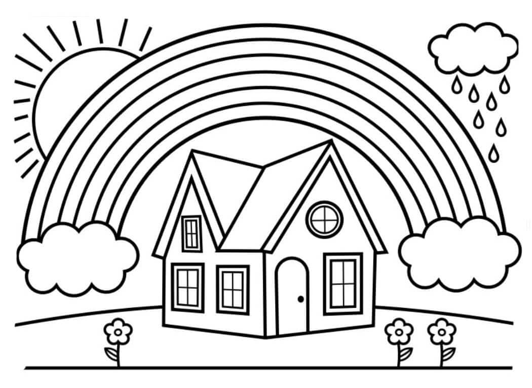 House and rainbow with clouds coloring page